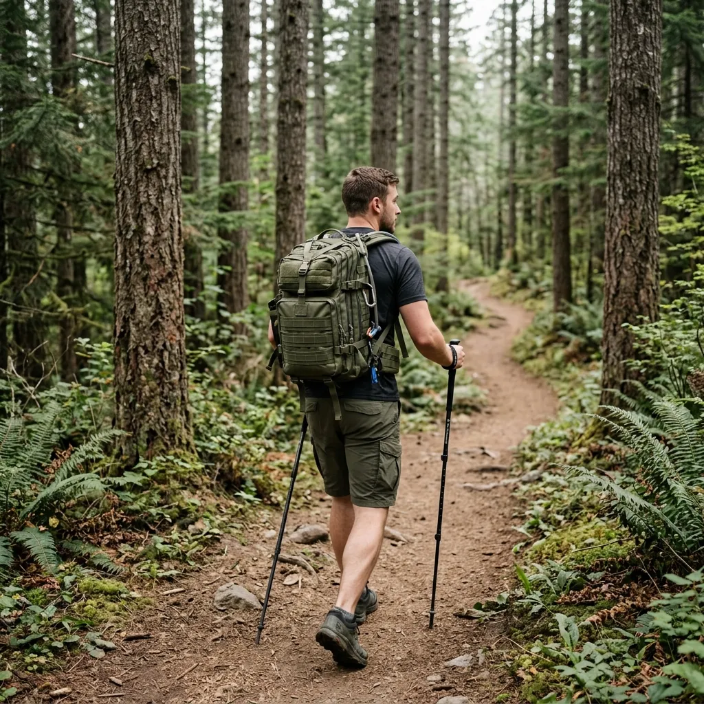 Walker carrying a weighted rucksack on a wooded trail as part of a 5-mile rucking progression