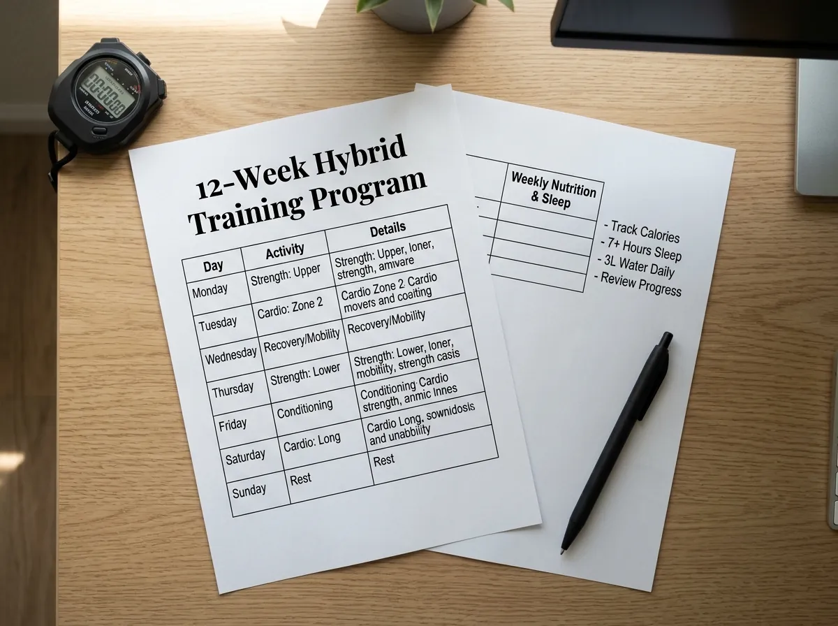 Printed preview of the free 12-week hybrid training program PDF laid flat on a desk with pen and stopwatch