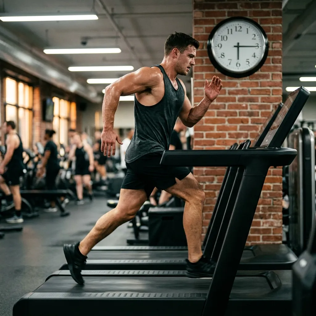 Man sprinting on a treadmill during a HIIT interval workout in a gym with motion blur on the belt