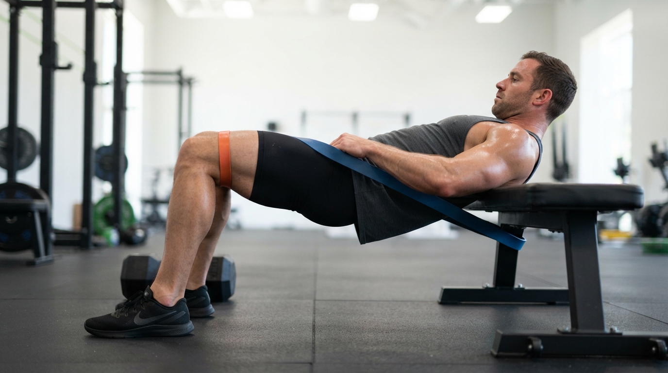 Man doing a banded hip thrust with a loop band across his hips and mini band above knees