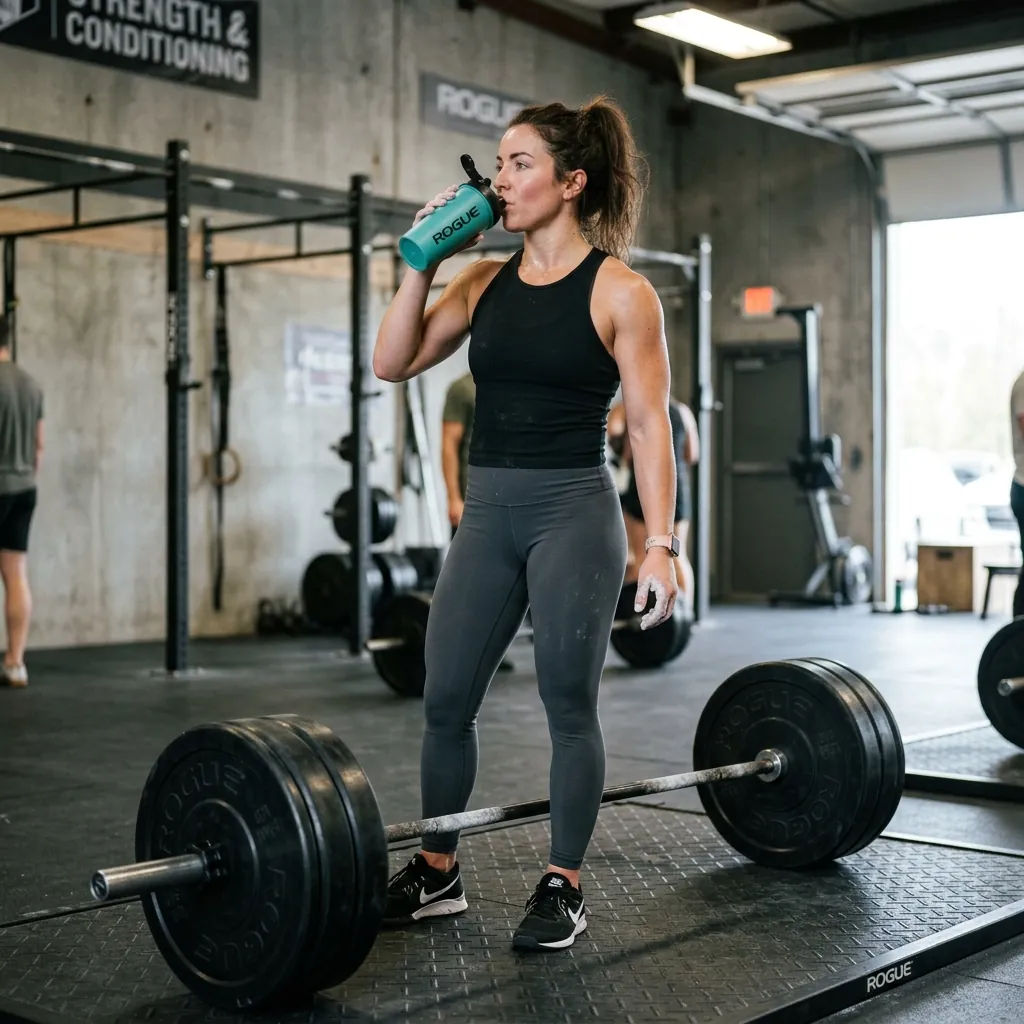Woman sipping electrolyte drink from a shaker bottle during a rest between deadlift sets at the gym