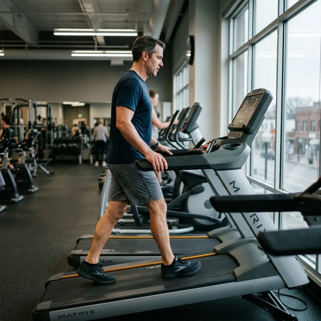 Person walking at an incline on a treadmill during a 5-mile walking workout in a gym