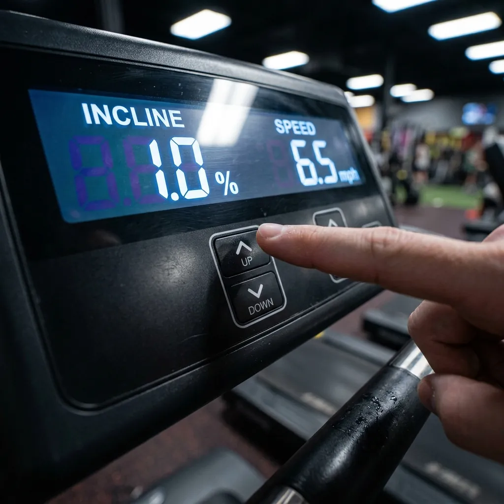 Close-up of a treadmill console display set to 1 percent incline to simulate outdoor running conditions