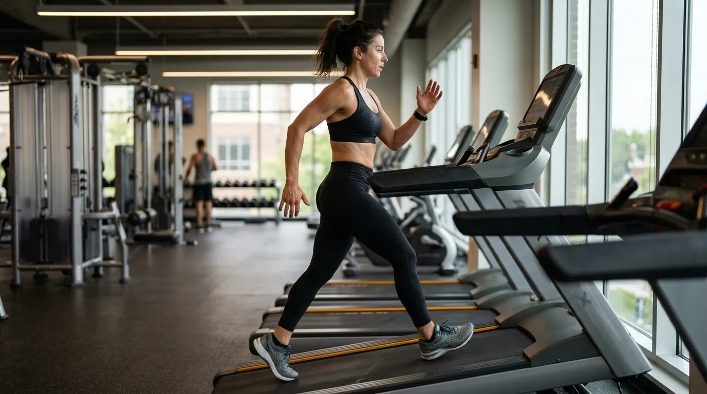 Person doing an incline treadmill workout in a modern gym with the console displaying speed and incline settings