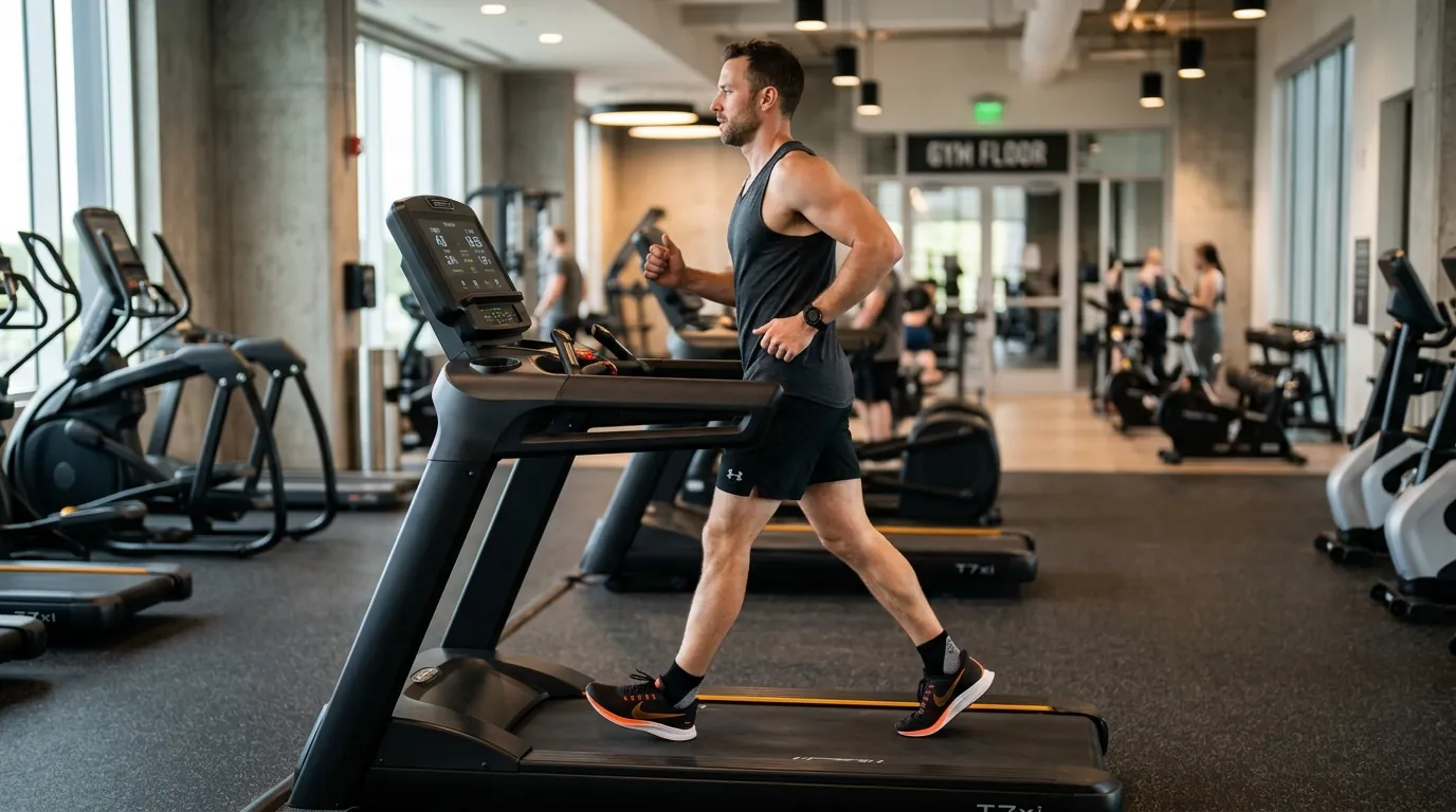 Man walking on treadmill doing interval walking training in a gym