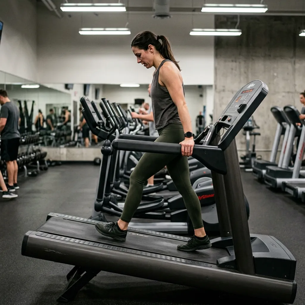 Person holding both treadmill handrails while walking at a steep incline, showing the most common incline walking form mistake