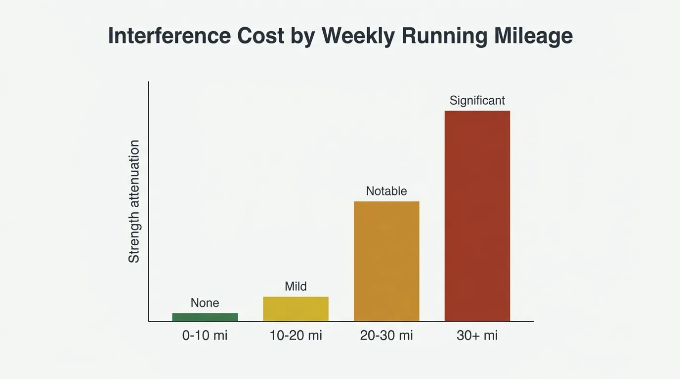 Bar chart showing strength attenuation increasing with weekly running mileage in a hybrid training block