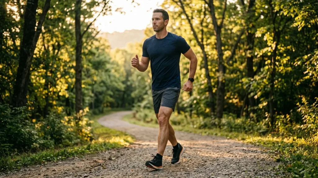 Man doing the Japanese walking method outdoors on a park trail at sunrise