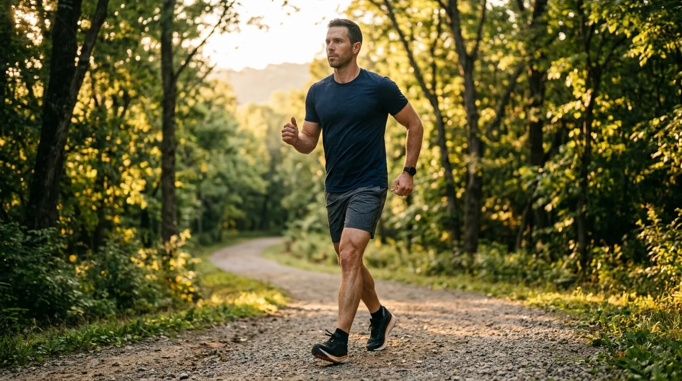 Man doing the Japanese walking method outdoors on a park trail at sunrise