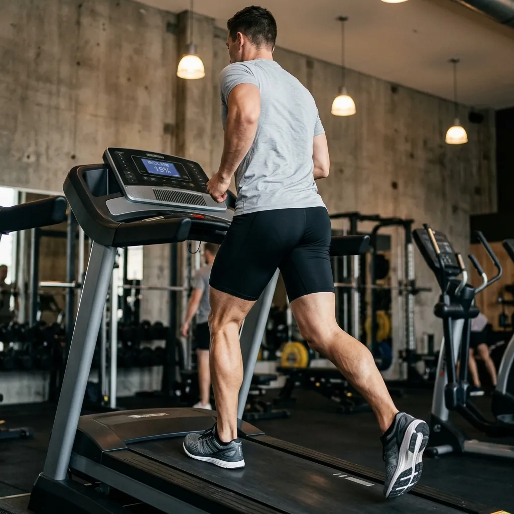 Rear view of a person walking uphill on an incline treadmill showing glutes and calves engaged during the stride