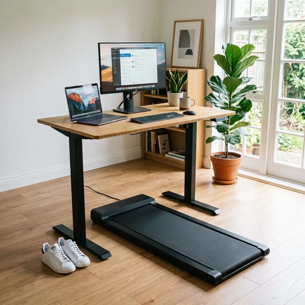 Compact under-desk walking pad beneath a standing desk for Japanese indoor walking at home