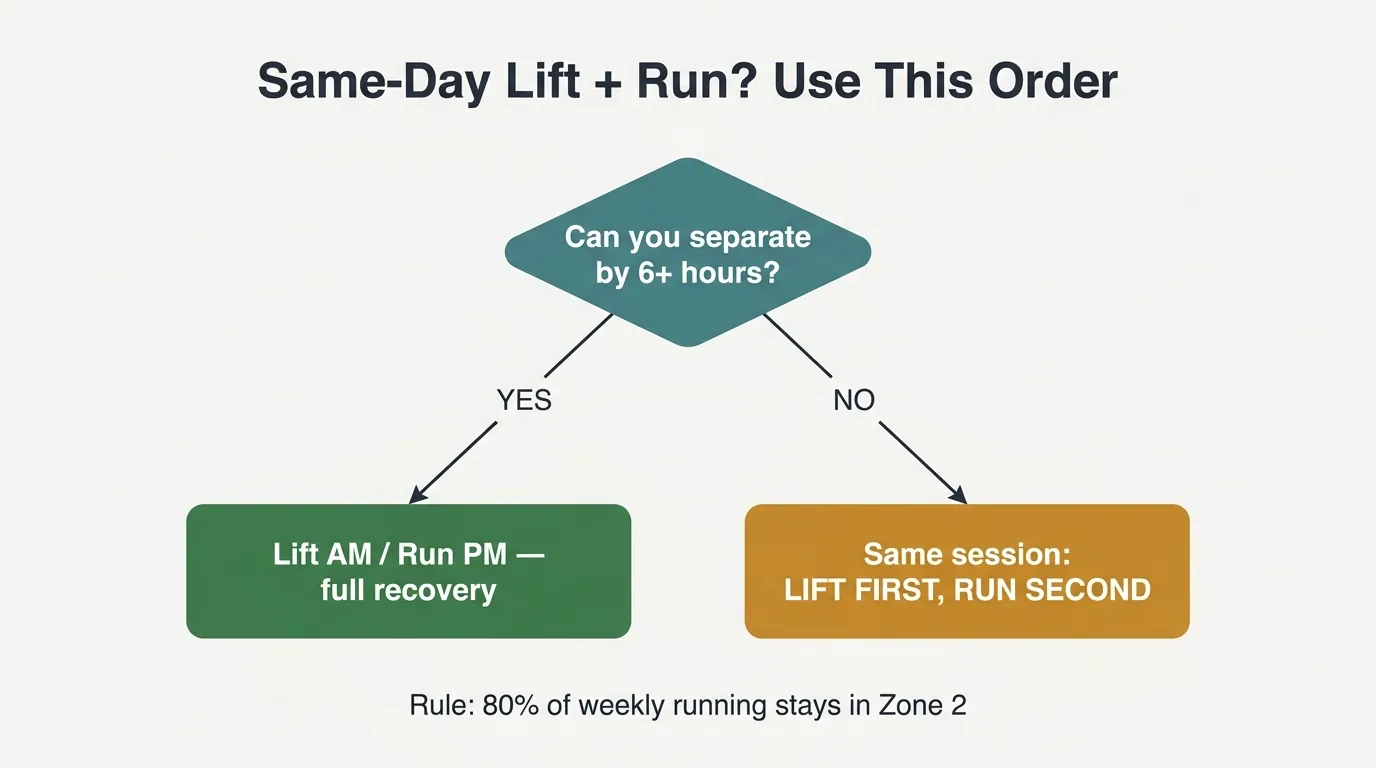 Decision-tree diagram for combining lifting and running in the same day using the 6-hour rule and lift-first rule