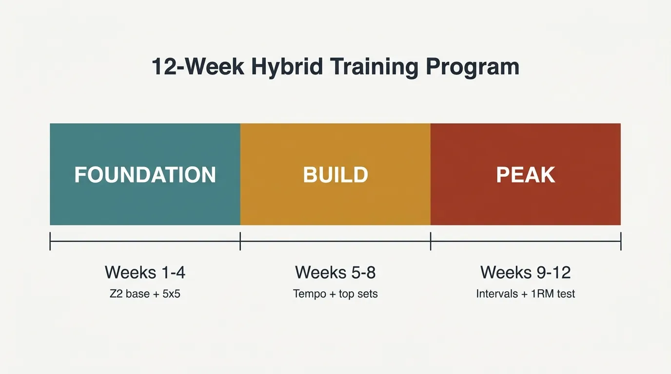 12-week hybrid training program timeline showing Foundation, Build, and Peak phases across weeks 1 to 12
