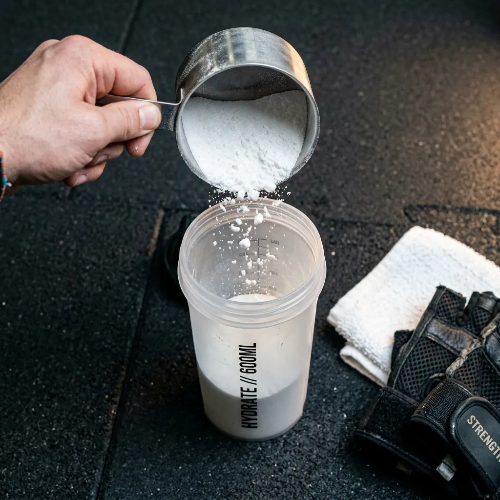Close-up of a scoop of white electrolyte powder being poured into a clear shaker bottle with water