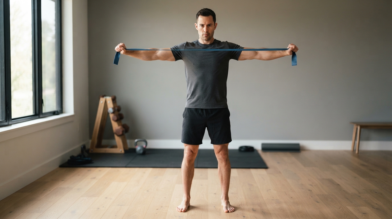 Man performing a resistance band pull-apart exercise with arms extended at shoulder height