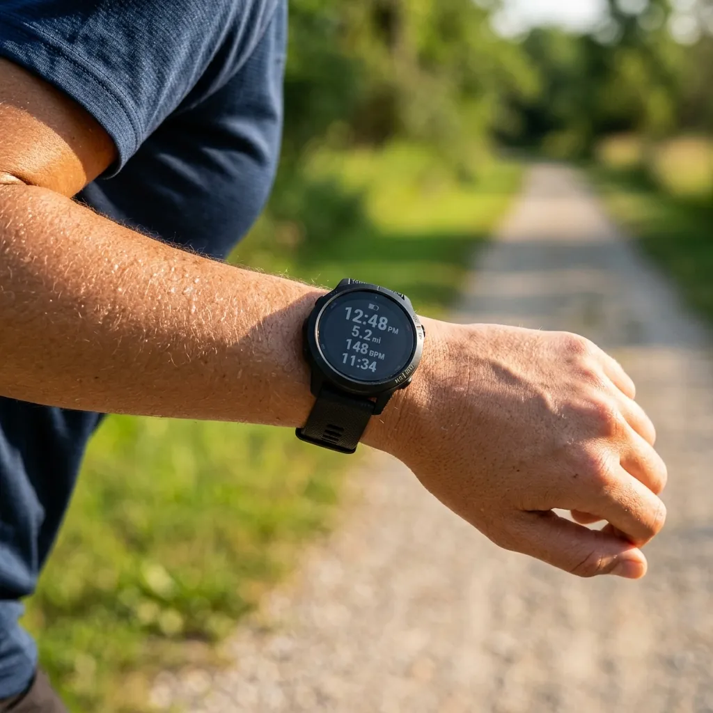 Close-up of a fitness smartwatch displaying active calories and distance during a 5-mile walk