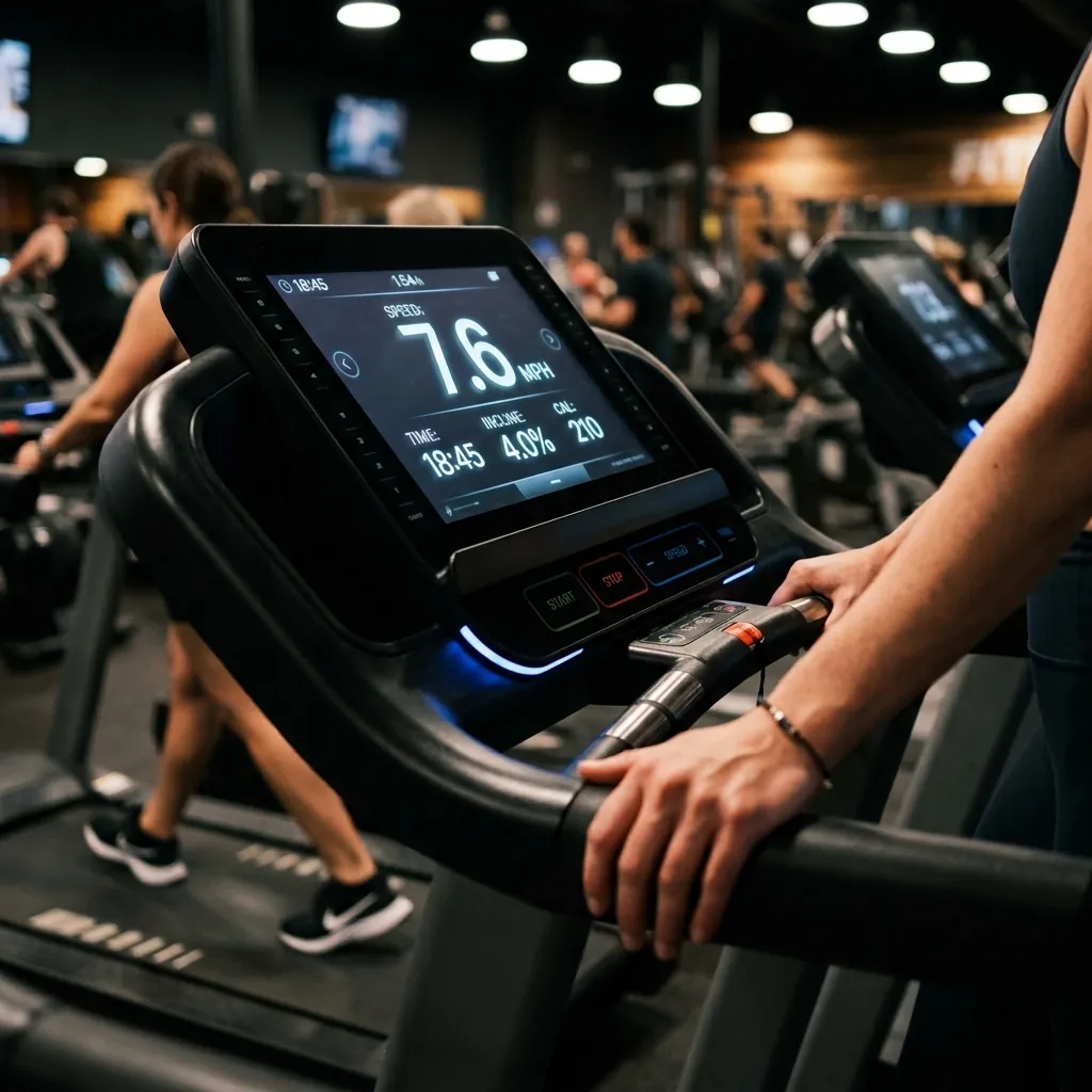 Close-up of a treadmill console showing speed and incline settings for Japanese indoor walking