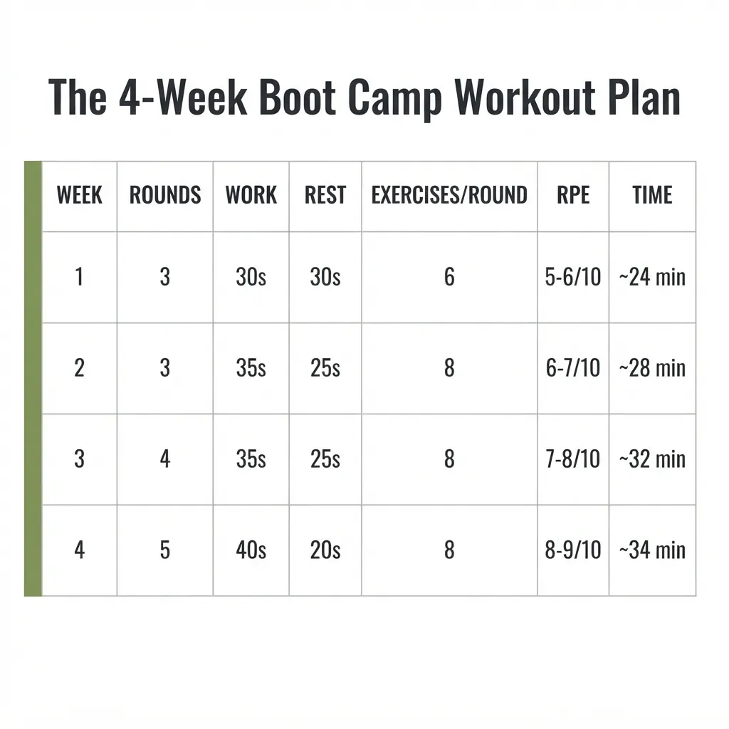 4-week boot camp workout plan table showing weekly progression of rounds, work intervals, rest intervals, and exercises