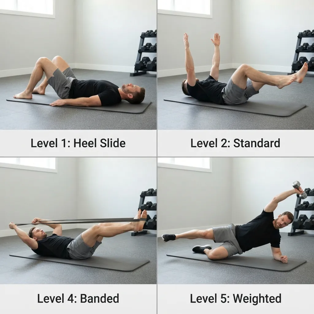 Dead bug exercise progression from heel slides to weighted variation across four difficulty levels