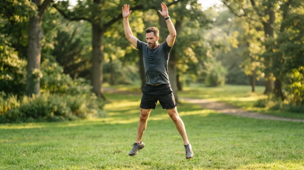 man performing an explosive burpee in an outdoor park during a bodyweight circuit training workout