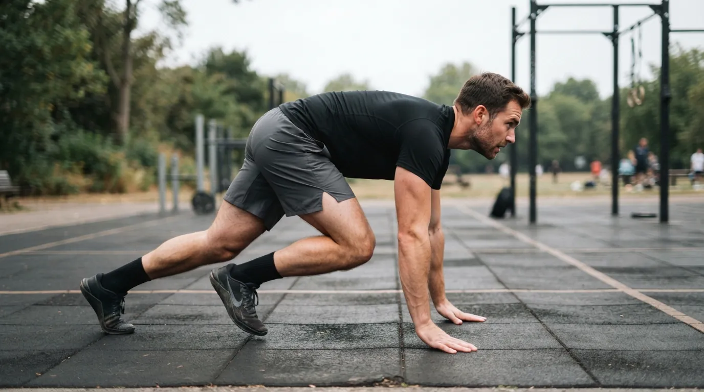 Man performing a bear crawl exercise during an outdoor boot camp workout, hands and feet on ground with knees hovering