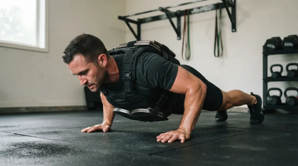 Man doing weighted push-ups wearing a black weighted vest in a home gym — best weighted vest workouts