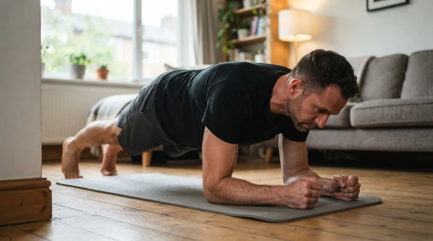 Man performing a bodyweight boot camp workout at home in a living room with minimal space