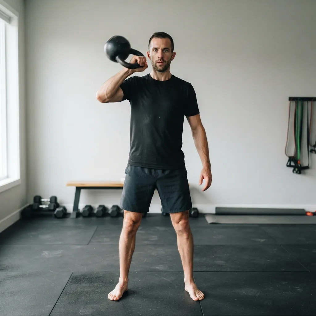 Man performing a kettlebell halo warm-up drill circling the bell around his head — kettlebell workouts