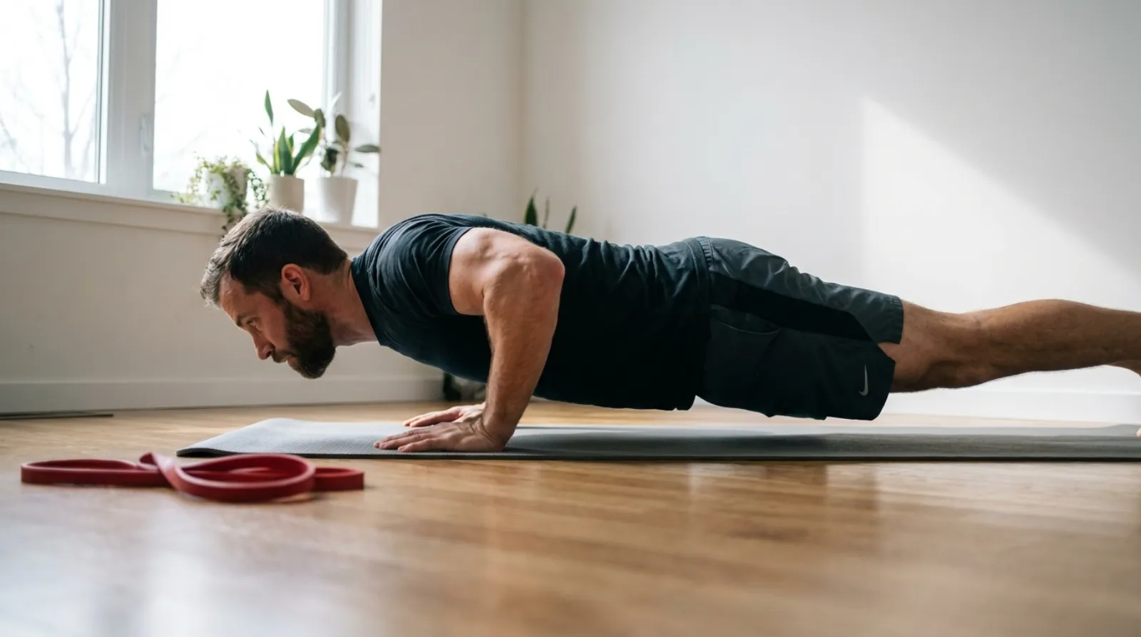 Man performing a slow tempo push-up, demonstrating time under tension for bodyweight hypertrophy training
