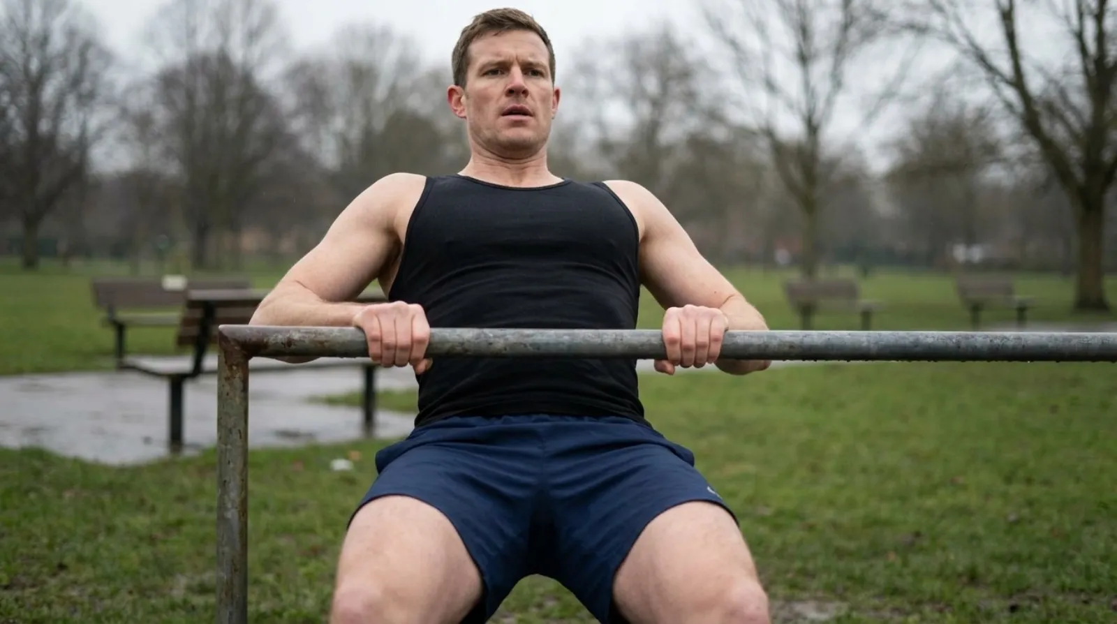 Man performing an inverted row on a low bar in a park as part of a calisthenics for weight loss workout