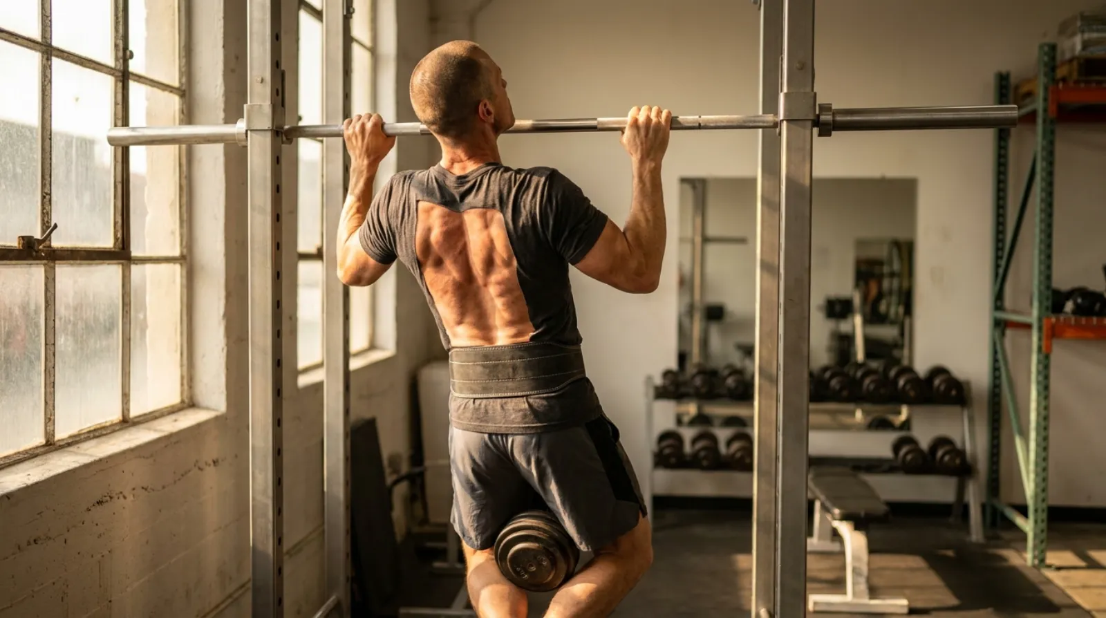 Man performing a weighted pull-up, demonstrating the hypertrophy rep range for lats and back