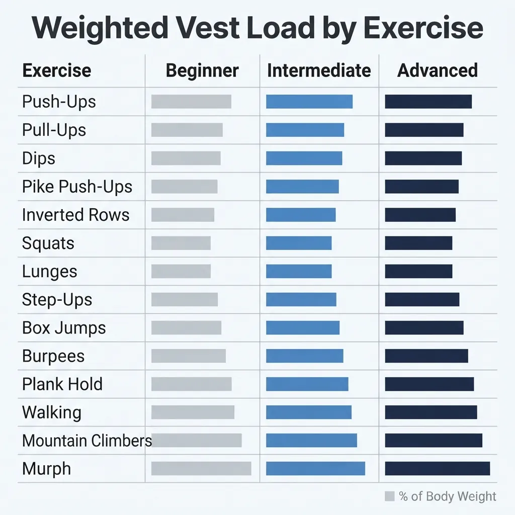 Weighted vest load by exercise chart showing beginner, intermediate, and advanced weight levels for 14 exercises