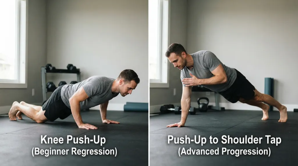 Beginner knee push-up versus advanced push-up to shoulder tap exercise regression and progression comparison