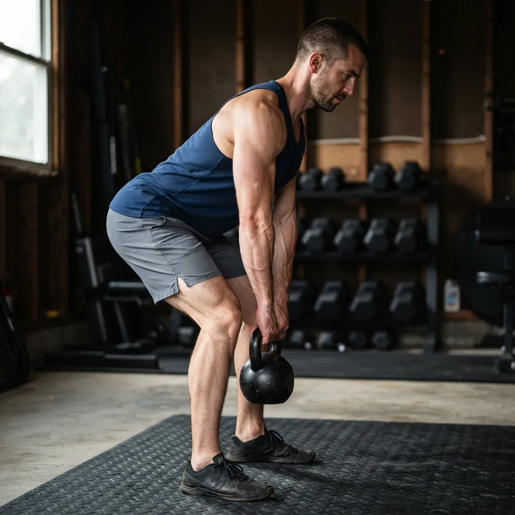 Man demonstrating kettlebell deadlift hip hinge form from a side angle — kettlebell workouts