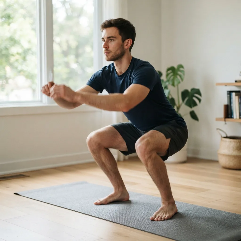 man performing a bodyweight squat with proper form during a beginner circuit training workout
