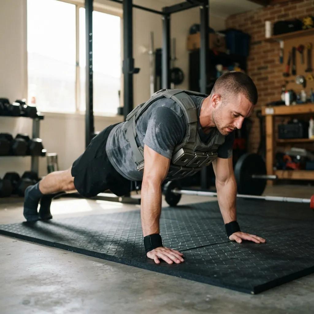Man performing weighted push-ups with a gray weighted vest in a garage gym