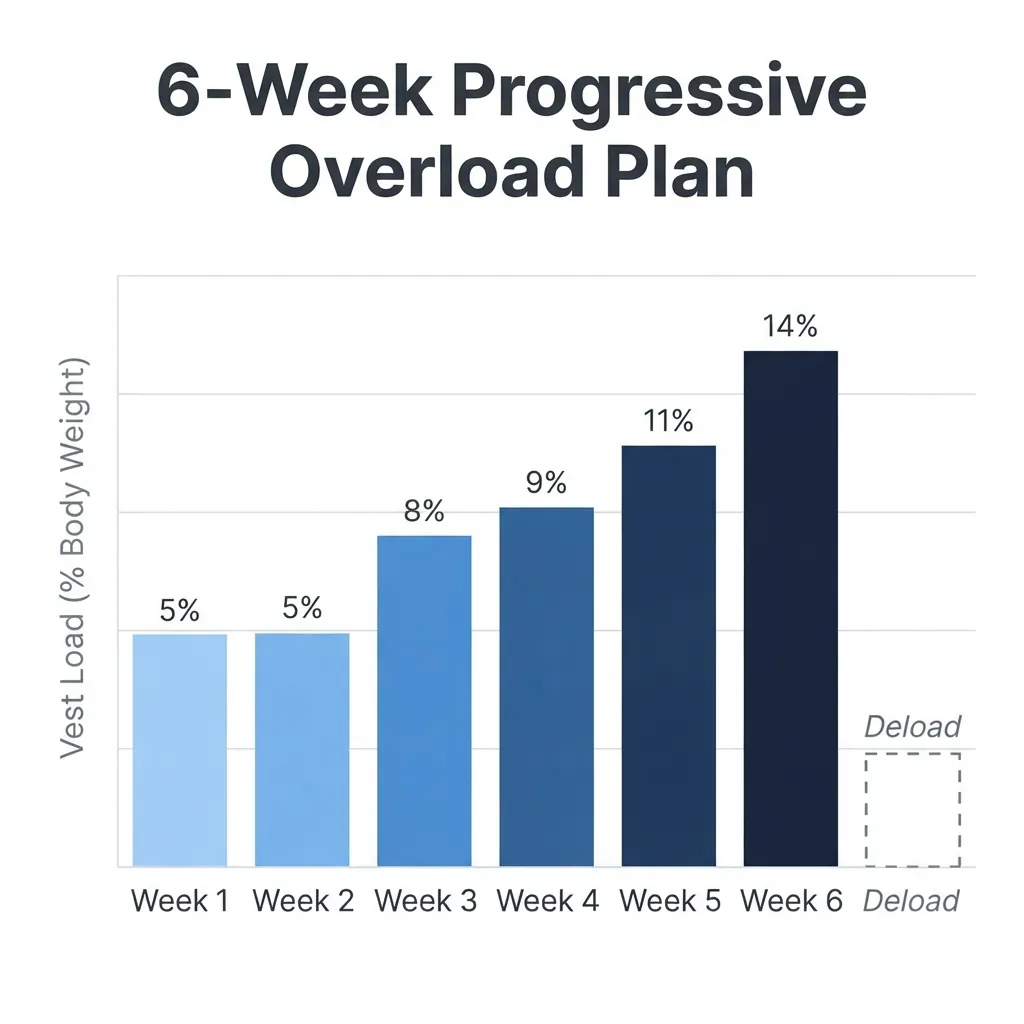 6-week progressive overload plan chart showing vest load increasing from 5% to 14% body weight