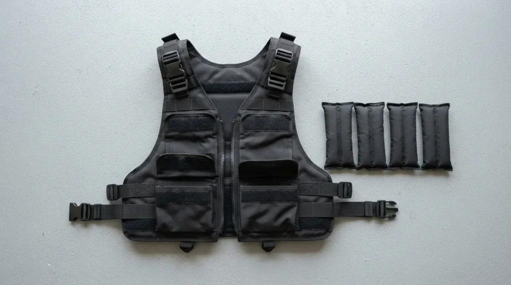 Adjustable weighted vest with removable weight packets laid out on a gym floor — what size weighted vest should I get