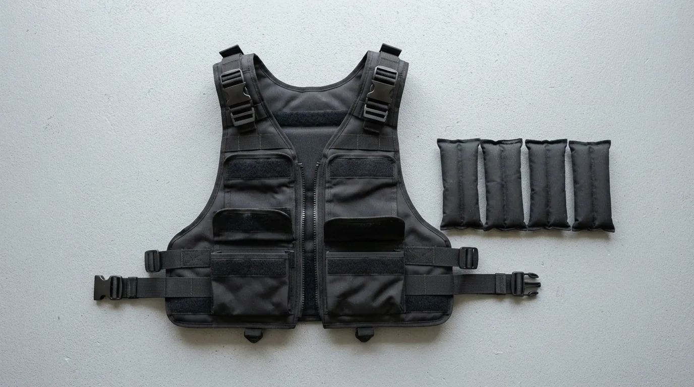 Adjustable weighted vest with removable weight packets laid out on a gym floor — what size weighted vest should I get
