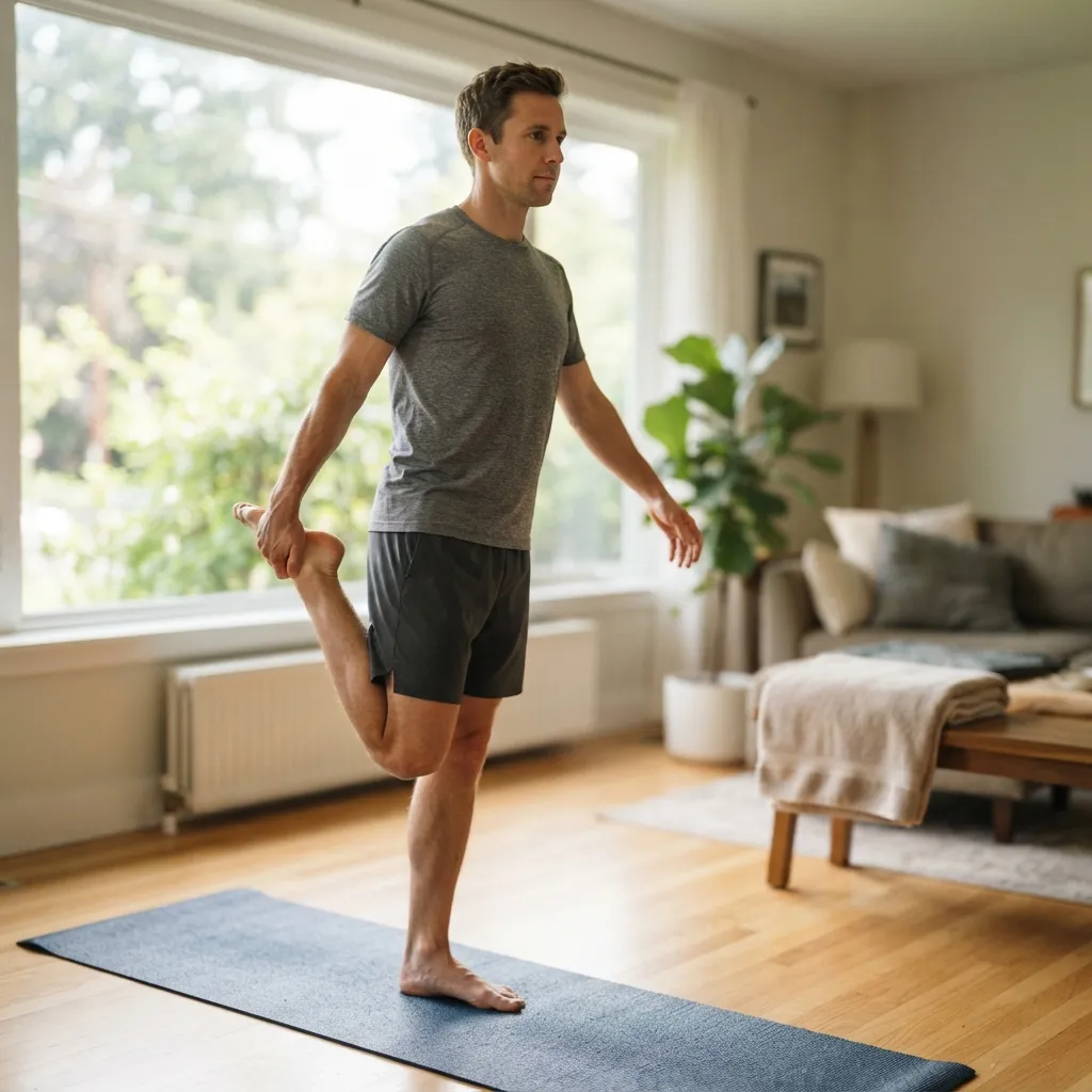 Man doing mobility stretching during a HIIT recovery day at home