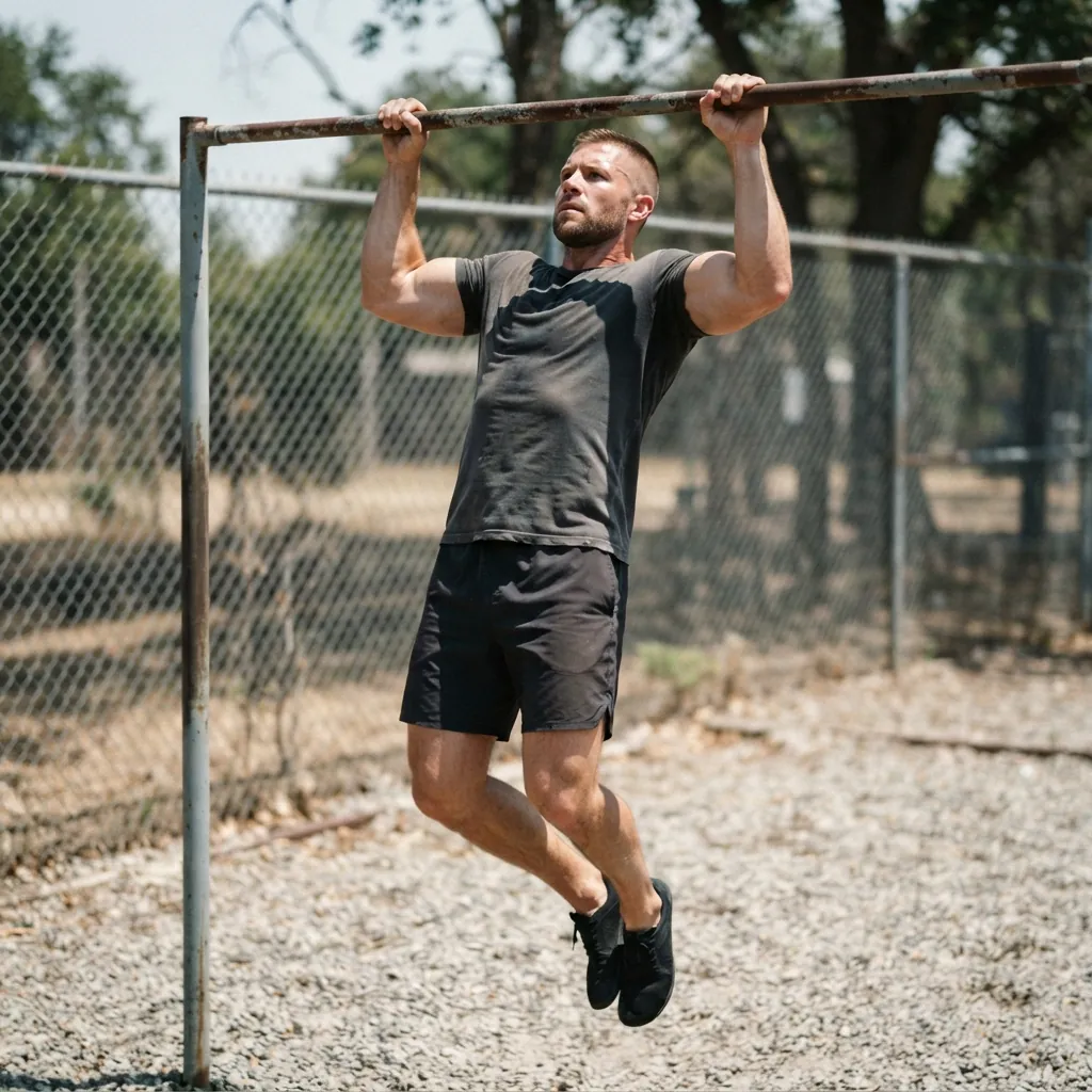 man performing a strict pull-up outdoors during a military-style bodyweight circuit EMOM