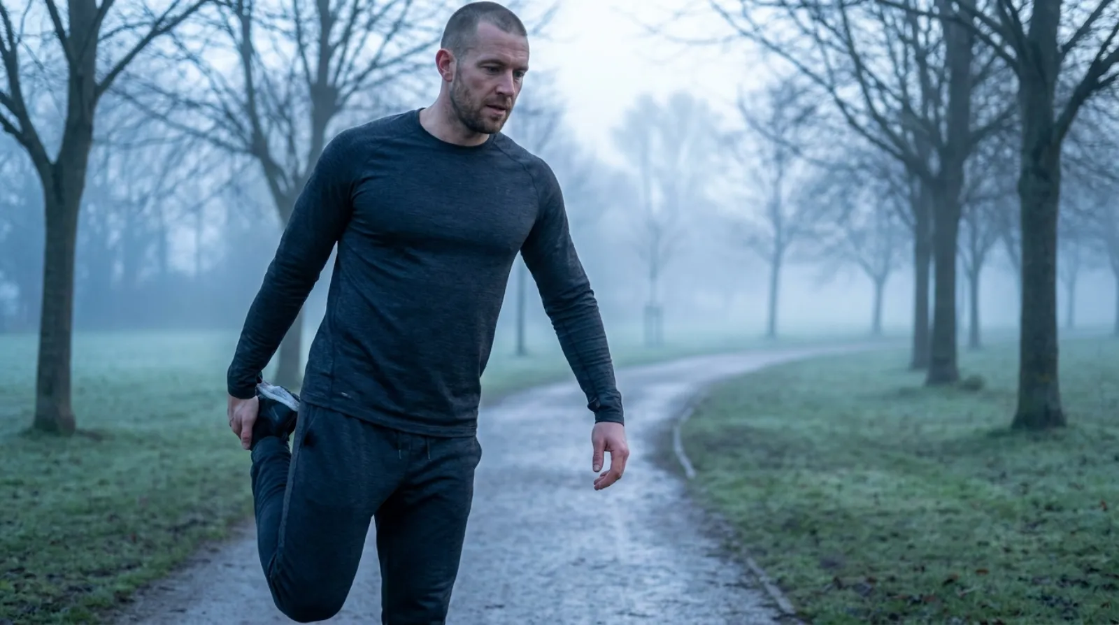 Man performing a standing quad stretch after a calisthenics for weight loss session on a misty morning park path