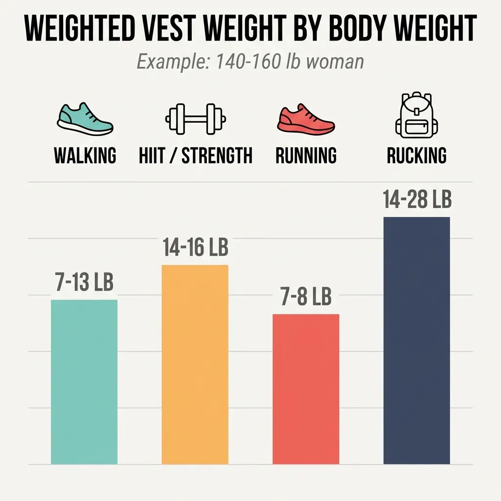 Women's weighted vest weight chart organized by body weight and activity type