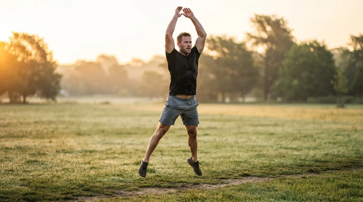 Man performing an explosive burpee during an outdoor boot camp workout
