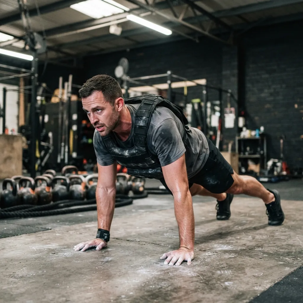 Man mid-burpee wearing a black weighted vest in an industrial warehouse gym