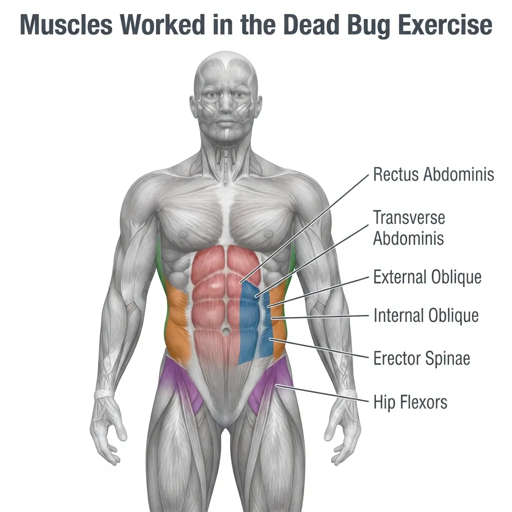 Diagram showing muscles worked during the dead bug exercise including transverse abdominis, rectus abdominis, and obliques