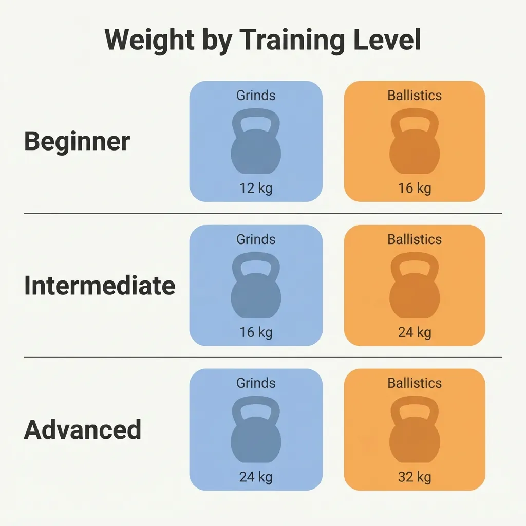 Infographic chart comparing kettlebell weights for grinds versus ballistic exercises by level — kettlebell workouts