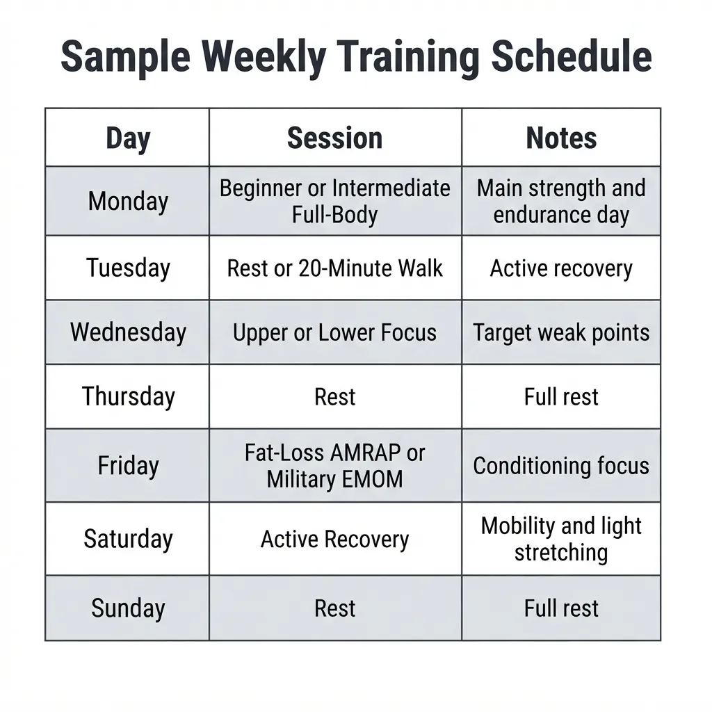 weekly bodyweight circuit training schedule table showing workout days and rest days