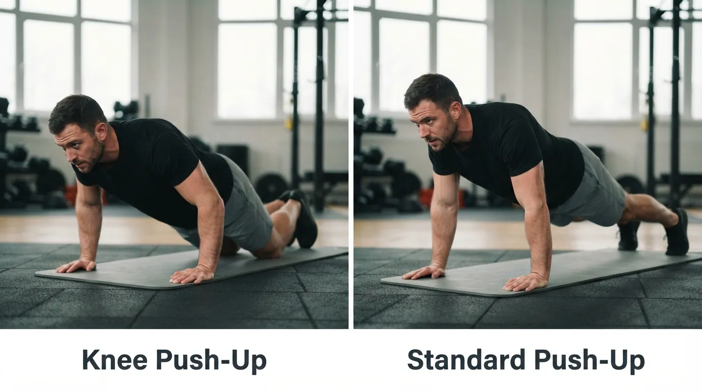 Man demonstrating beginner knee push-up and standard push-up for boot camp workout scaling