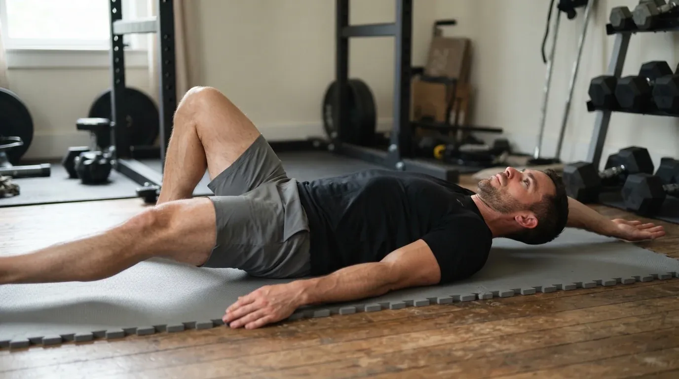 Man performing an explosive bodyweight HIIT burpee jump in a home garage gym